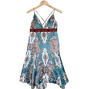 Y2K Babydoll Dress Silk Paisley Print Brown Trim Size M Spaghetti Straps VTG